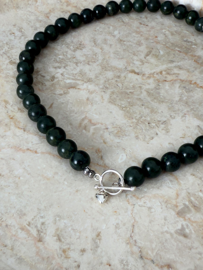 Dark forest-green serpentine beaded necklace, handmade by True Colors