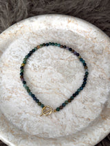 Indian agate spectrum necklace with front-facing gold toggle clasp