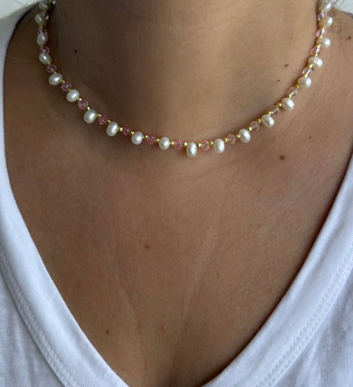 Blush Pearl Necklace - Pink & Yellow Crystal Choker with Real Freshwater Pearls