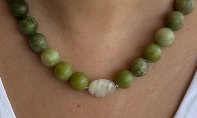 Olive Jasper Necklace - Green Beaded Strand with Agate Centre Stone