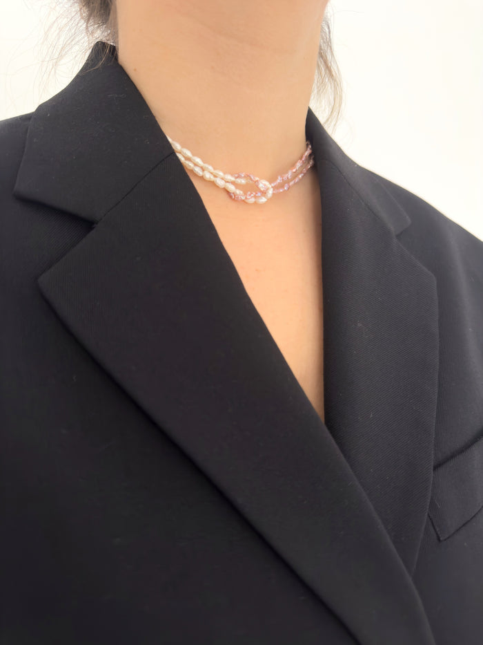 Double strand choker with ivory pearls and blush pink crystals