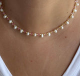 Blush Pearl Necklace - Pink & Yellow Crystal Choker with Real Freshwater Pearls