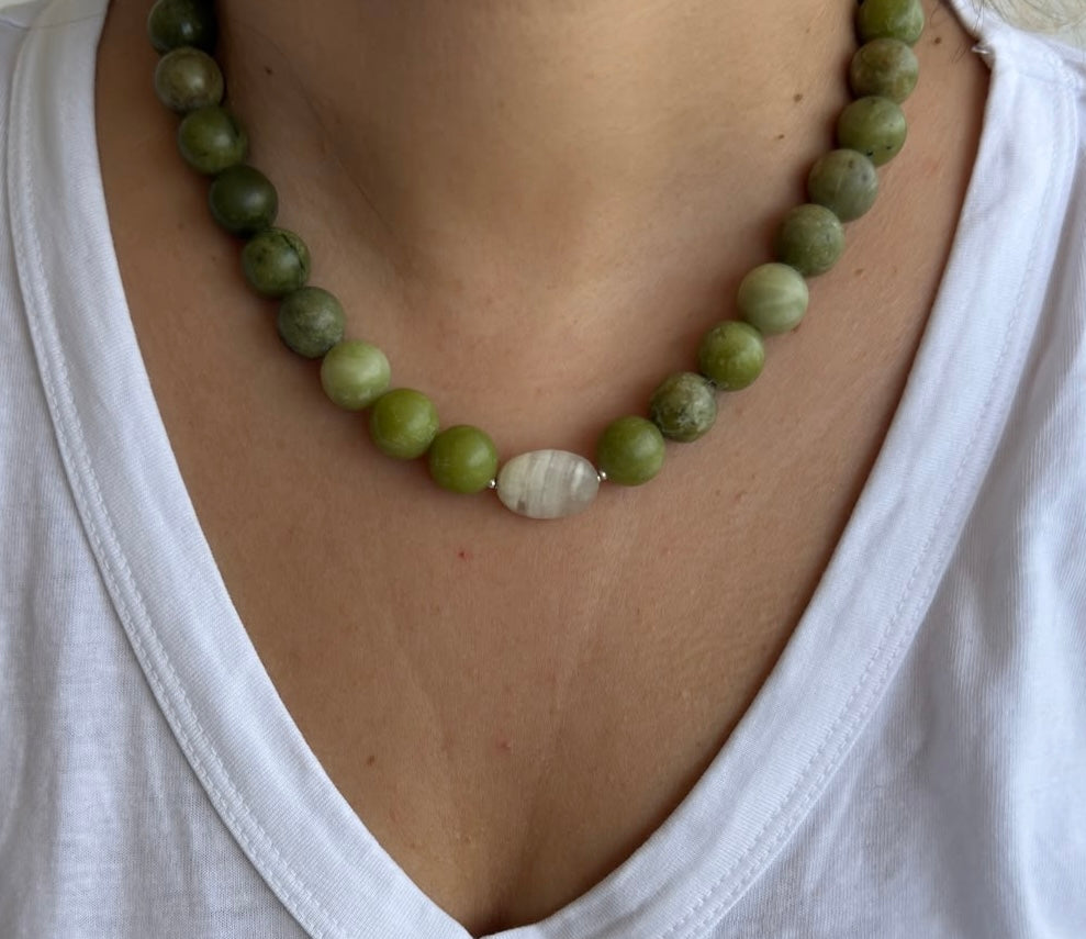 Olive Jasper Necklace - Green Beaded Strand with Agate Centre Stone