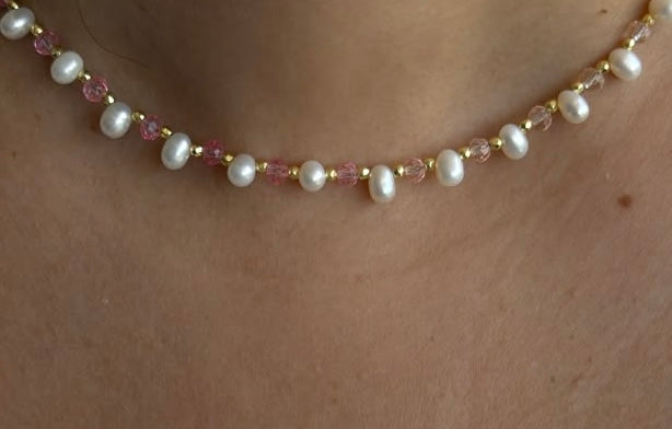 Blush Pearl Necklace - Pink & Yellow Crystal Choker with Real Freshwater Pearls