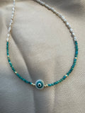 Turquoise & Pearl Evil Eye Necklace