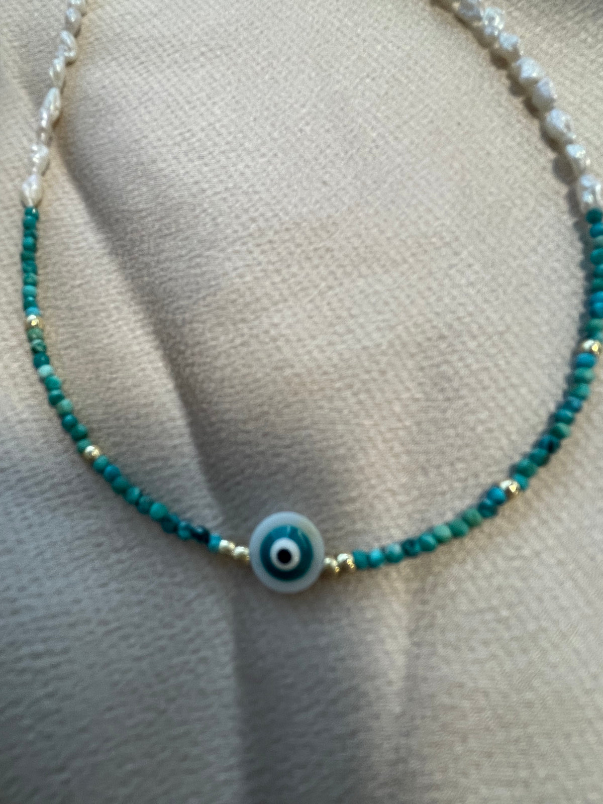 Turquoise & Pearl Evil Eye Necklace